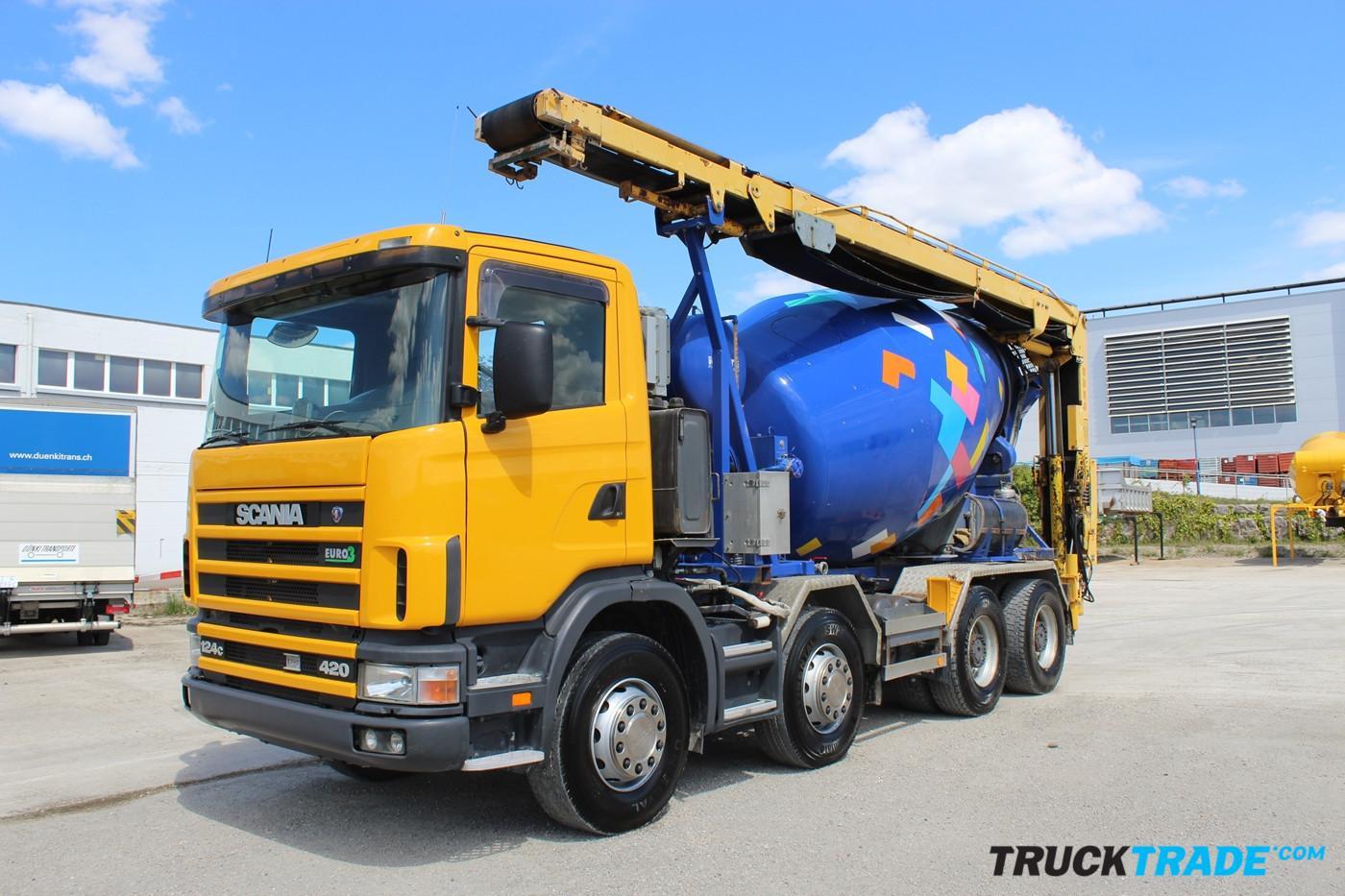 Scania R124 CB8x4 WS Betonmischer mit Förderband + Haken + Kipper - Fahrzeugfoto