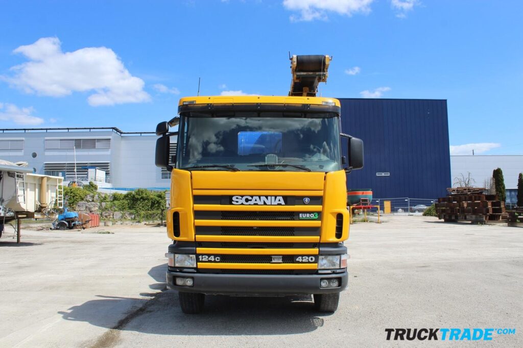 Scania R124 CB8x4 WS Betonmischer mit Förderband + Haken + Kipper