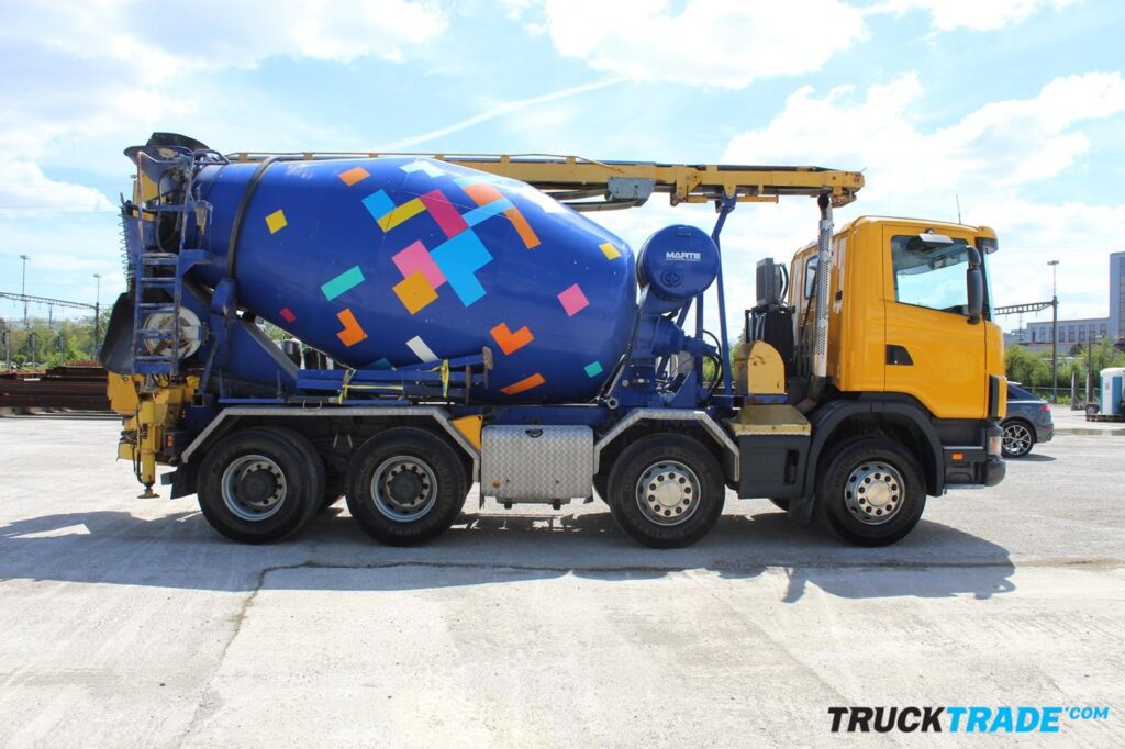 Scania R124 CB8x4 WS Betonmischer mit Förderband + Haken + Kipper