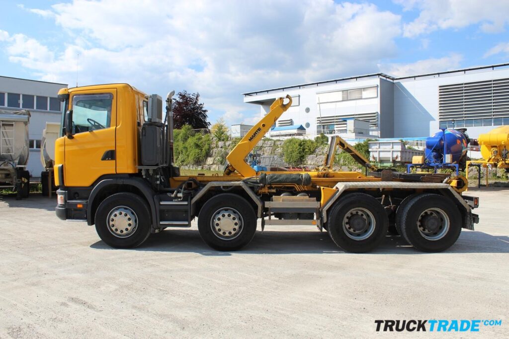 Scania R124 CB8x4 WS Betonmischer mit Förderband + Haken + Kipper