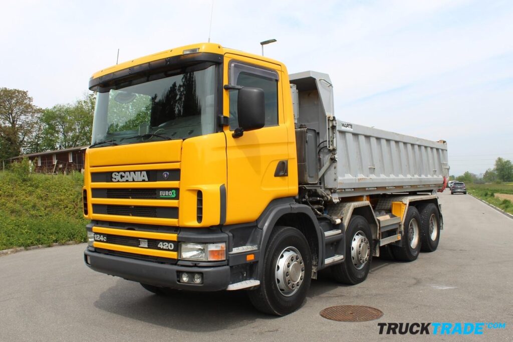 Scania R124 CB8x4 WS Betonmischer mit Förderband + Haken + Kipper