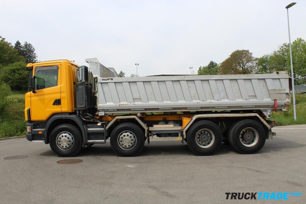 Scania R124 CB8x4 WS Betonmischer mit Förderband + Haken + Kipper